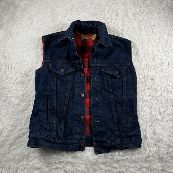 Vintage Levis Denim Vest Men Small Blue Buffalo Plaid Lined Jean Trucker USA 80s